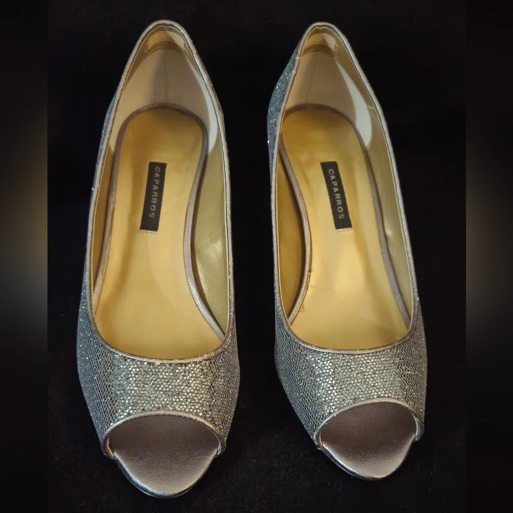 Caparros Silver Glittery Leather Peep-Toe Women's Shoes - Size 9